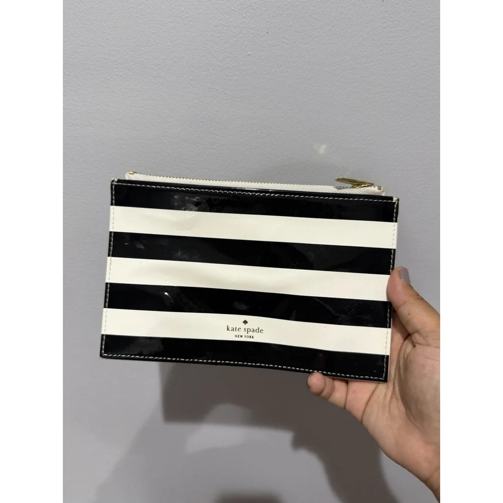 Kate Spade NY Black White Stripe Pencil Pouch Cosmetic Bag Pink Lining T